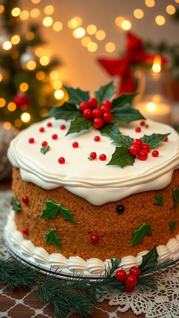 A traditional Christmas cake decorated with marzipan and fondant, featuring holly and berries, surrounded by festive decorations.